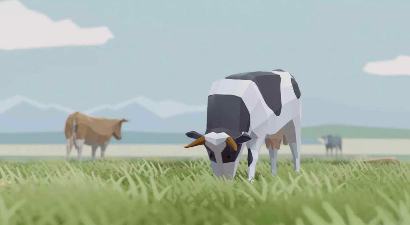 Low-poly cows grazing in the Animal Village VR world